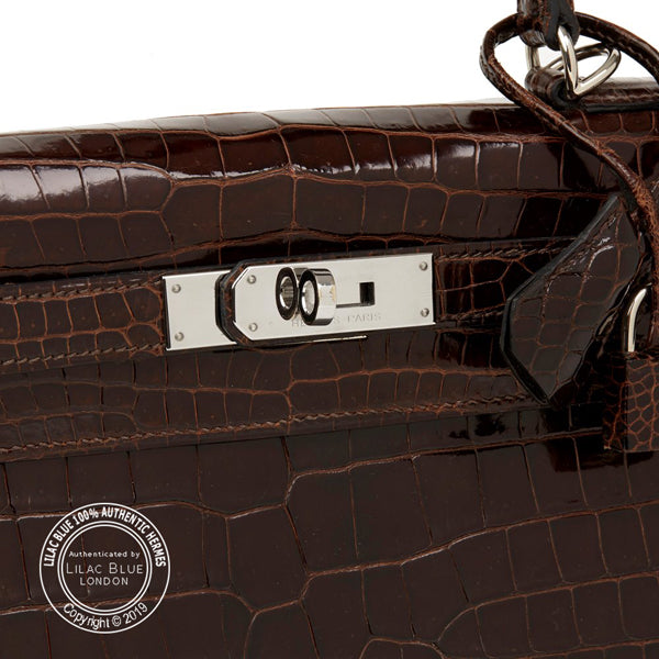 Hermès Kelly 28cm Chocolate Shiny Croc PHW - Preloved