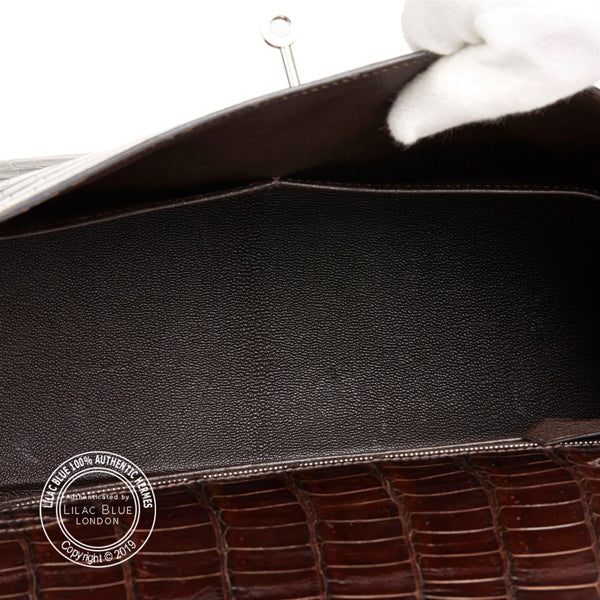 Hermès Kelly 28cm Chocolate Shiny Croc PHW - Preloved