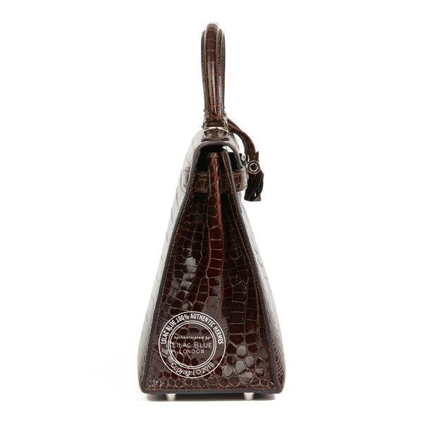 Hermès Kelly 28cm Chocolate Shiny Croc PHW - Preloved