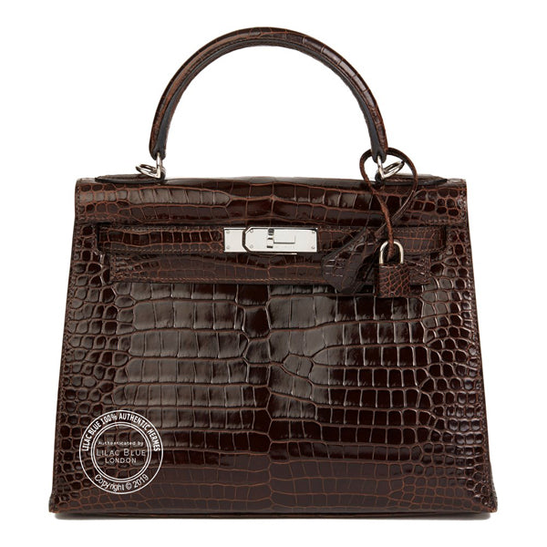 Hermès Kelly 28cm Chocolate Shiny Croc PHW - Preloved