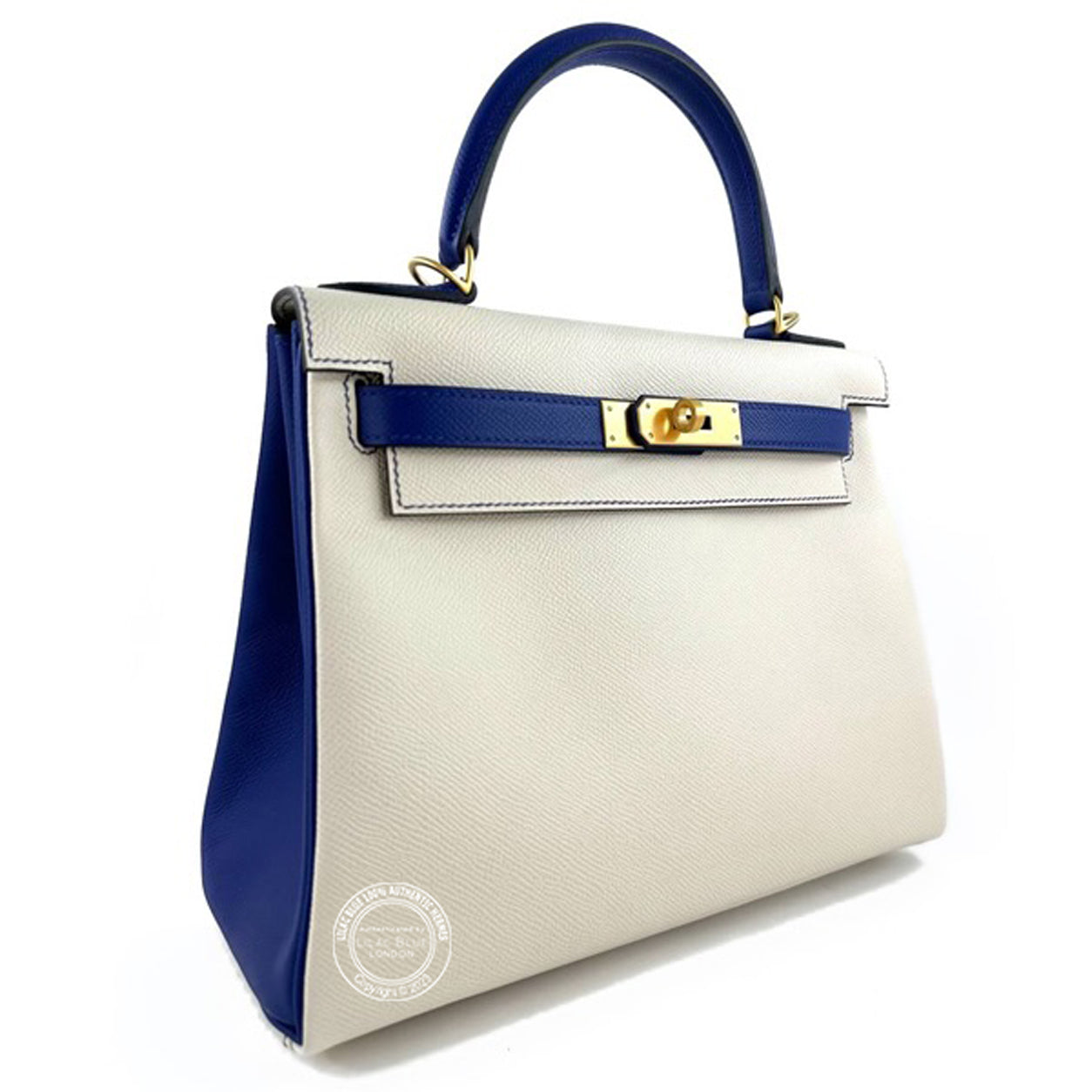 Hermès Kelly 28cm Craie/Bleu Electrique HSS Retourne Epsom BGHW
