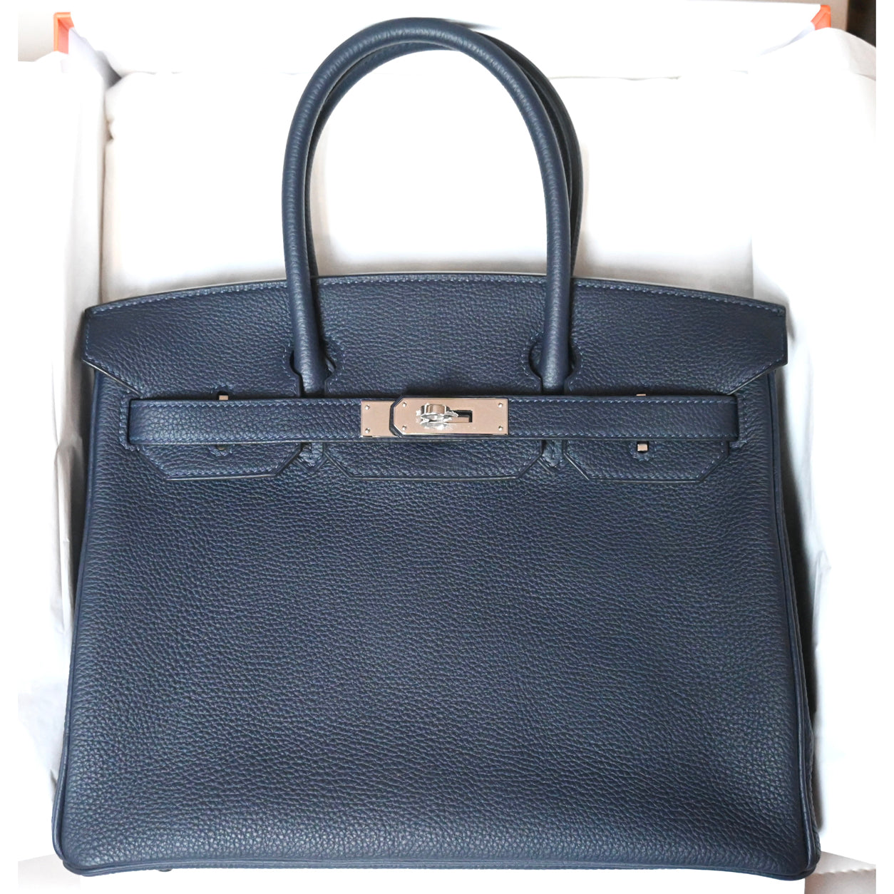 Hermès Birkin 30cm Bleu Nuit/Orange Poppy Verso Togo PHW