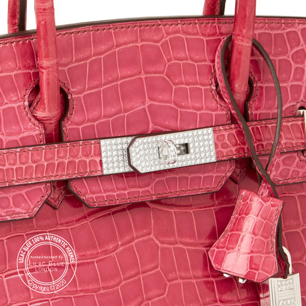 Hermès Birkin 30cm Fuschia Shiny Croc Diamond Hardware - Preloved