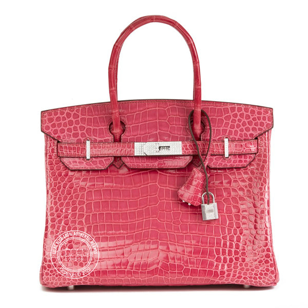Hermès Birkin 30cm Fuschia Shiny Croc Diamond Hardware - Preloved