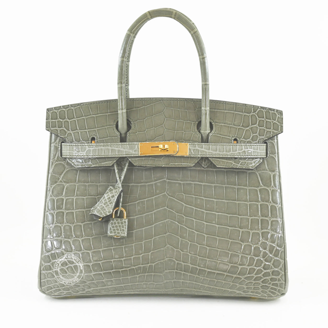 Hermès Birkin 30cm Gris Tourterelle Shiny Croc GHW - Preloved