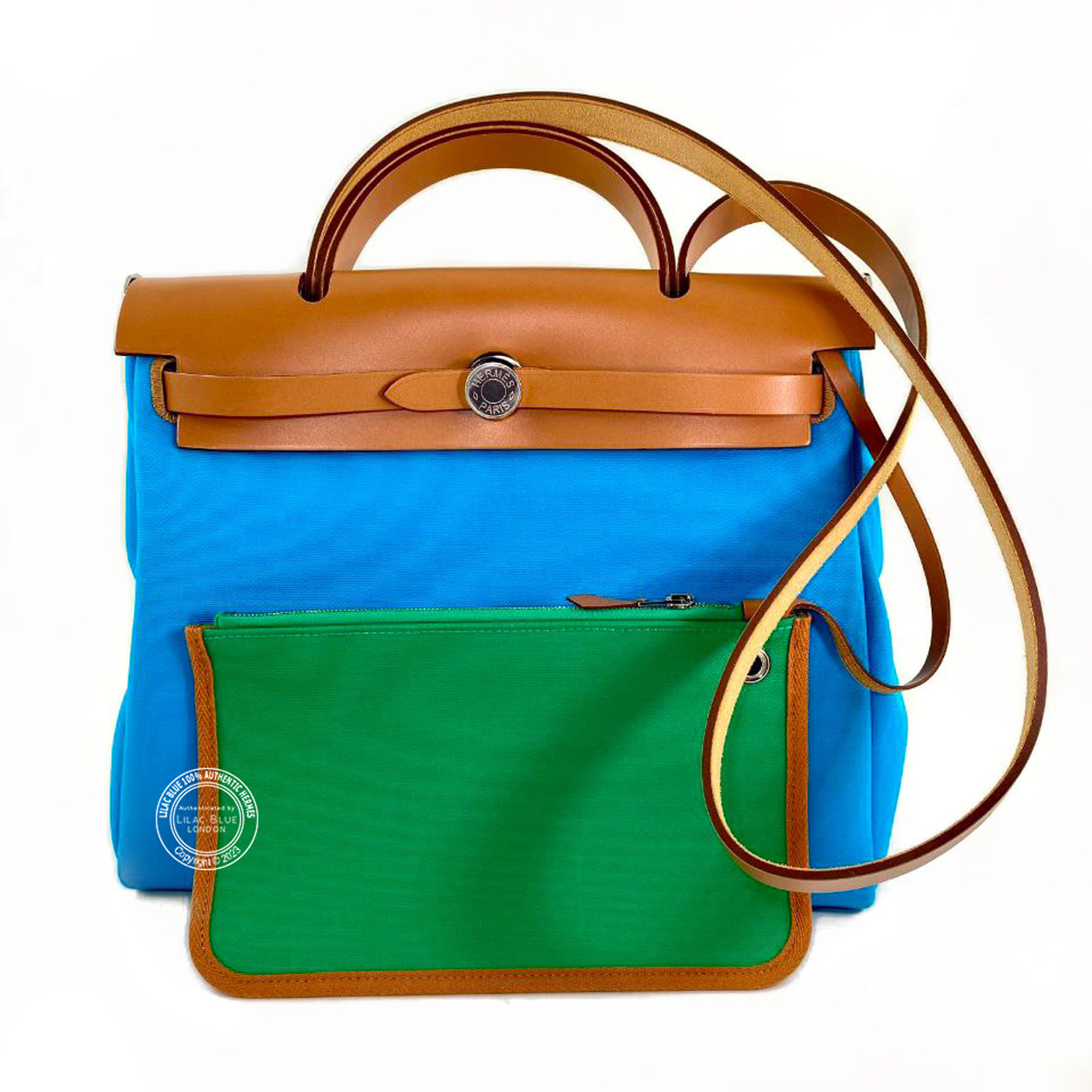 Hermès Herbag 31cm Natural/Bleu Azteque/Menthe Verso Hunter/Toile H PHW