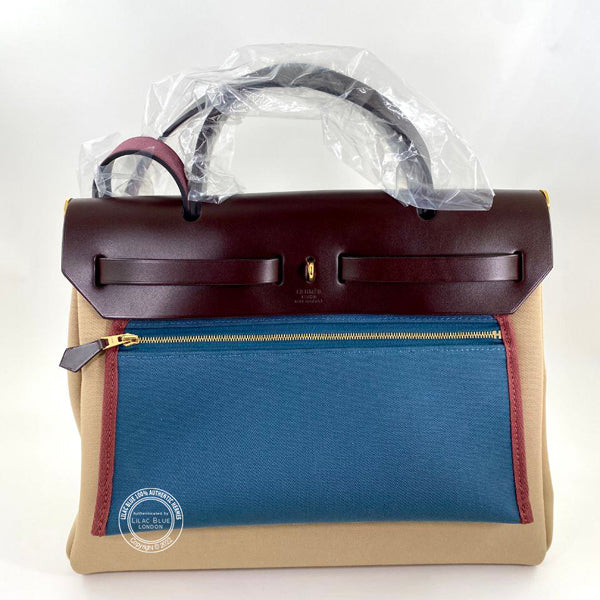 Hermès Herbag 31cm Rouge Sellier/Trench/Bleu Tempete Verso Hunter/Toile H GHW