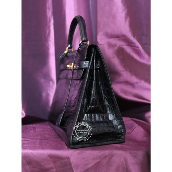 Hermès Kelly 32cm Black Shiny Croc GHW - Vintage
