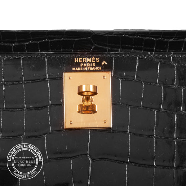 Hermès Kelly 28cm Black Shiny Croc GHW - Vintage