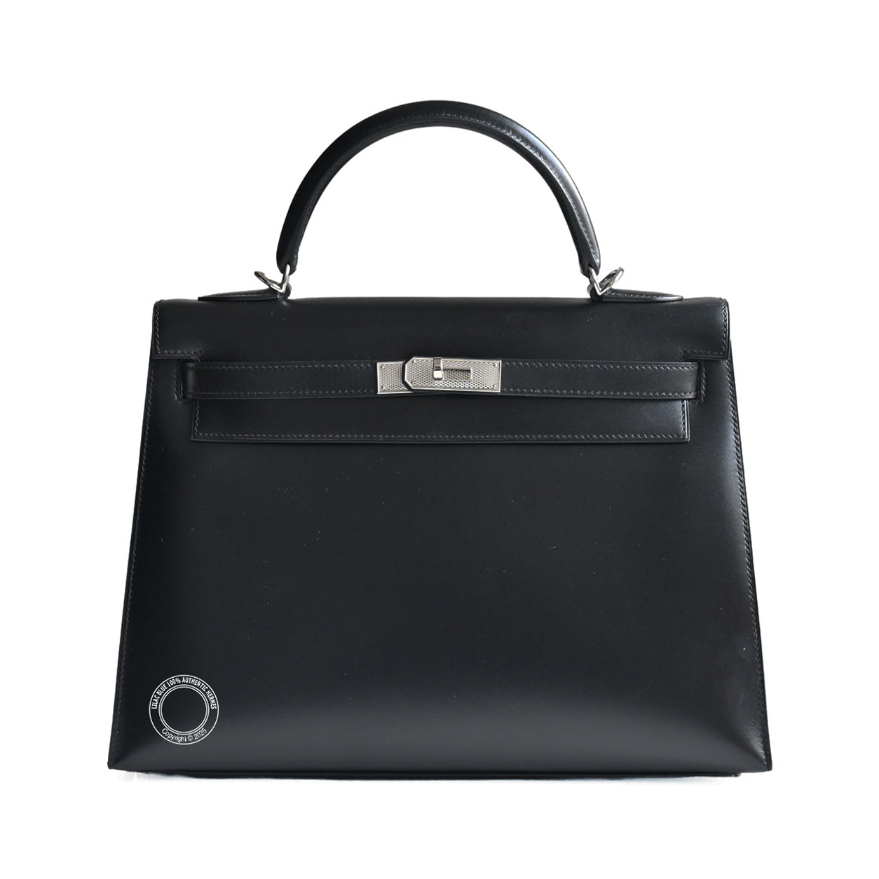 Hermès Kelly 32cm Black Box PHW Guilloche - Preloved