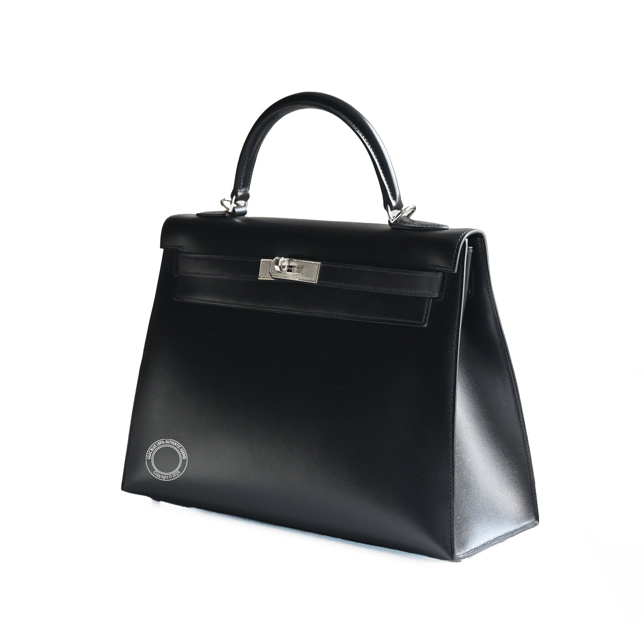 Hermès Kelly 32cm Black Box PHW Guilloche - Preloved