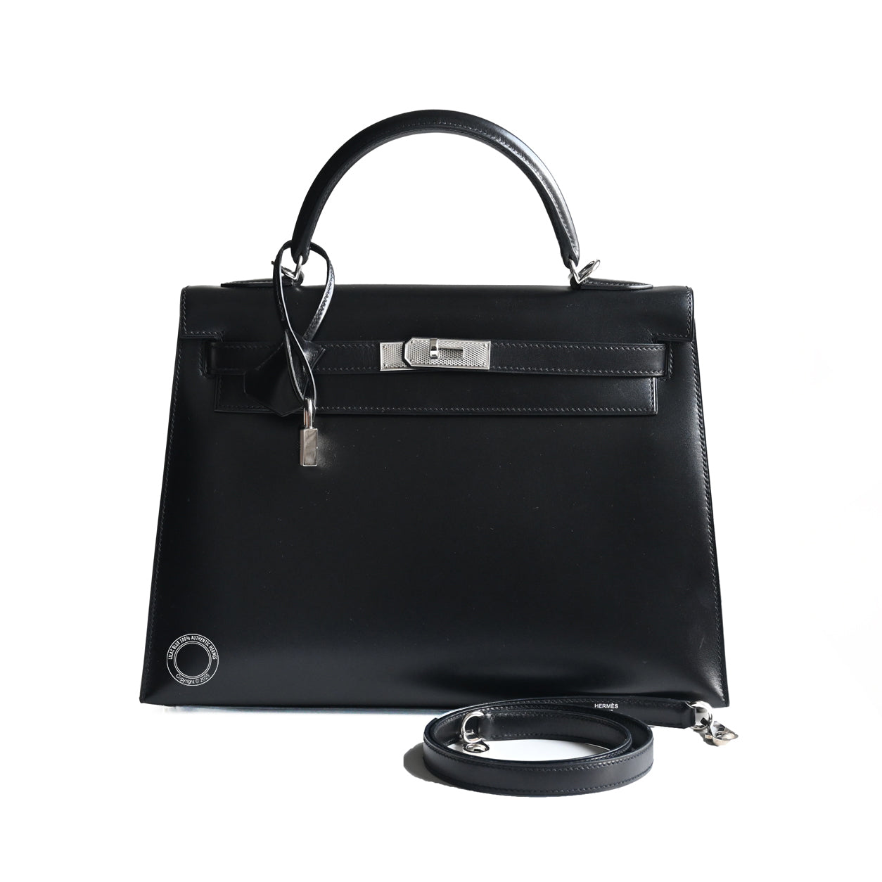 Hermès Kelly 32cm Black Box PHW Guilloche - Preloved