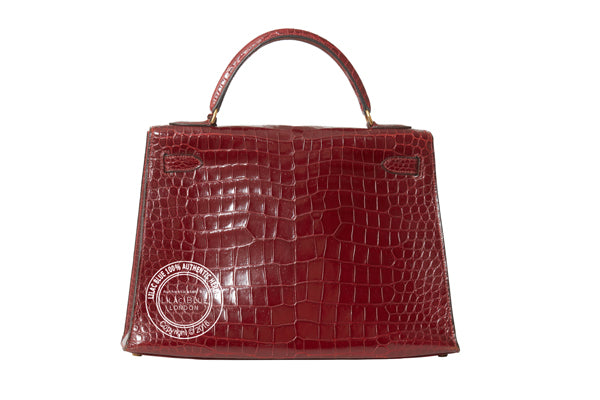 Hermès Kelly 32cm Bordeaux Shiny Croc GHW - Preloved