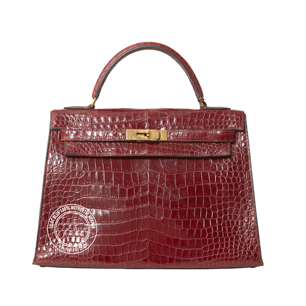 Hermès Kelly 32cm Bordeaux Shiny Croc GHW - Preloved