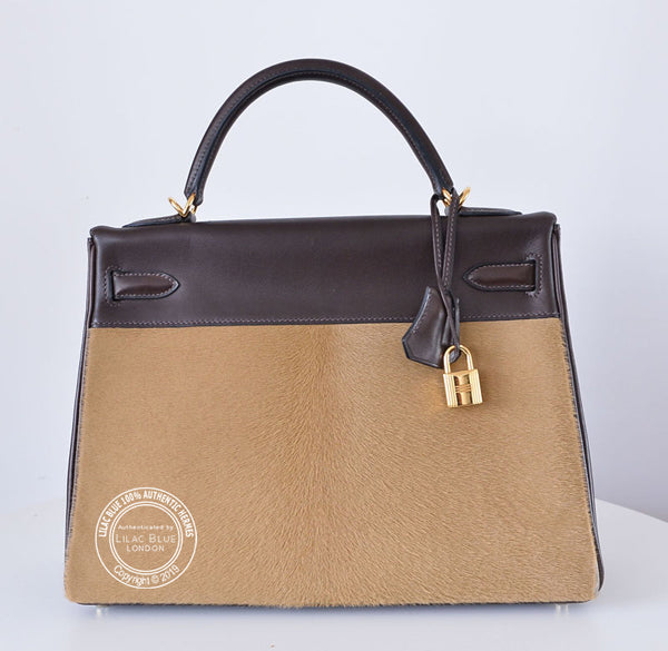 Hermès Kelly 32cm Ebene/Tabac Troika Evercalf/Ponyskin GHW - Vintage