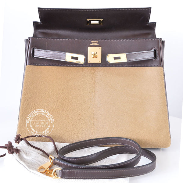 Hermès Kelly 32cm Ebene/Tabac Troika Evercalf/Ponyskin GHW - Vintage