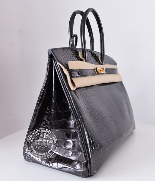 Hermès Birkin 35cm Black Shiny Croc GHW - Preloved
