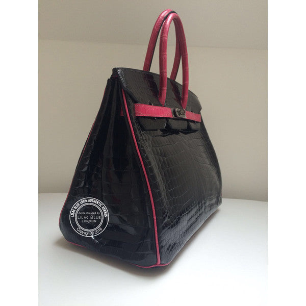 Hermès Birkin 35cm Black/Fuschia Shiny Croc Ruthenium