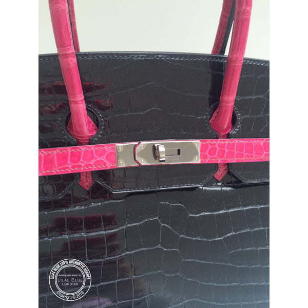 Hermès Birkin 35cm Black/Fuschia Shiny Croc Ruthenium