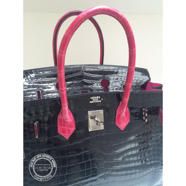 Hermès Birkin 35cm Black/Fuschia Shiny Croc Ruthenium