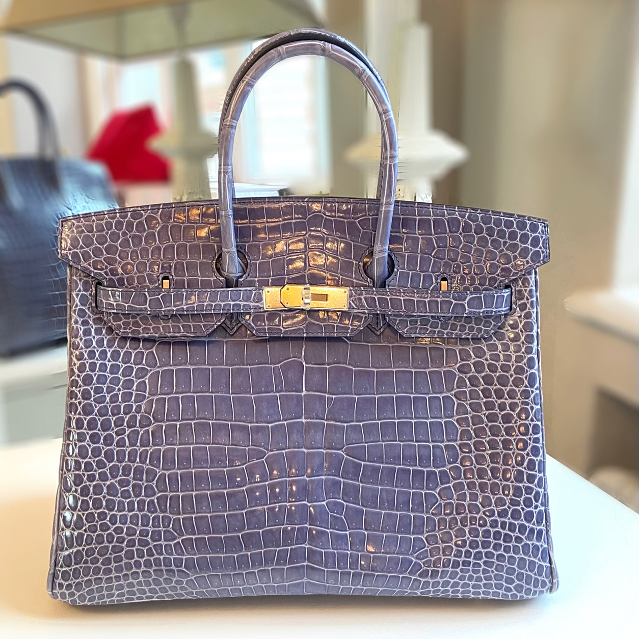 Hermes Birkin 35cm Bleu Brighton Shiny Croc GHW