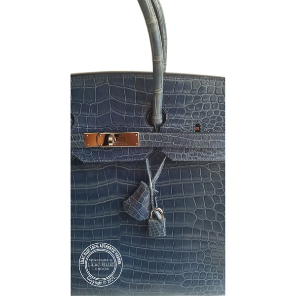 Hermes Birkin 35cm Blue Jean Shiny Croc PHW - Preloved