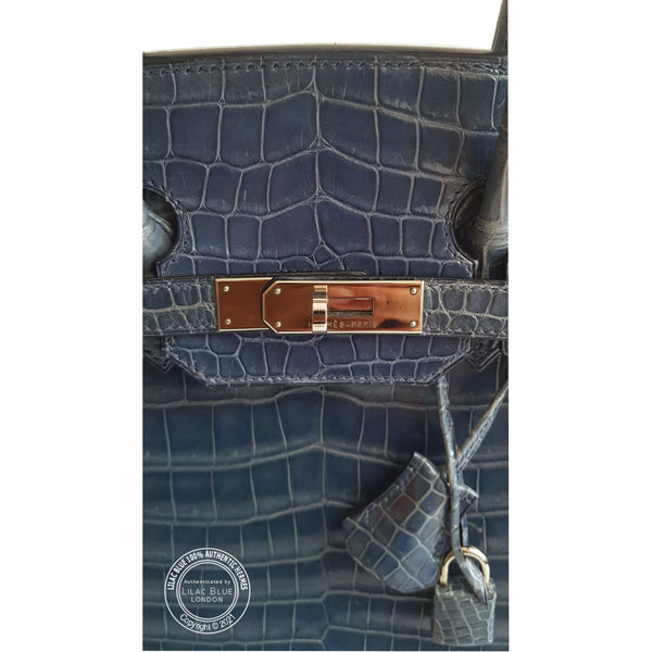Hermes Birkin 35cm Blue Jean Shiny Croc PHW - Preloved