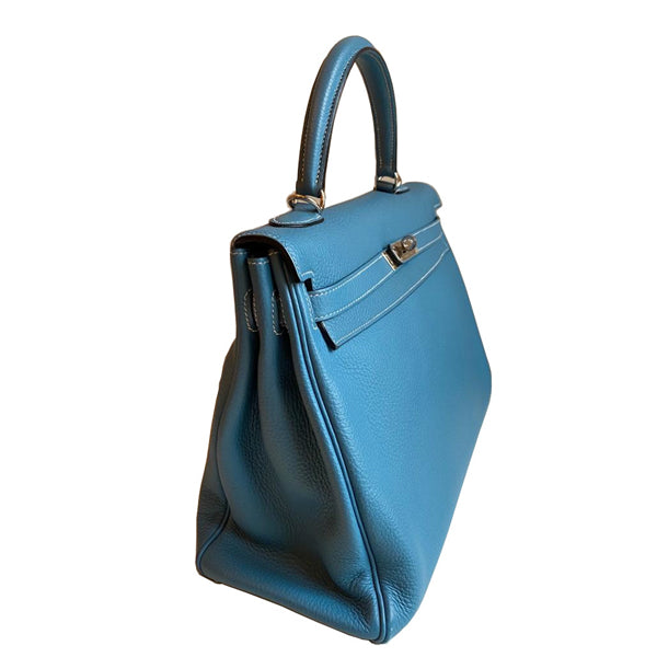 Hermès Kelly 35cm Blue Jean Clemence PHW - Preloved