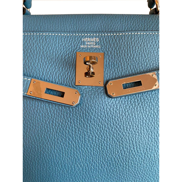 Hermès Kelly 35cm Blue Jean Clemence PHW - Preloved