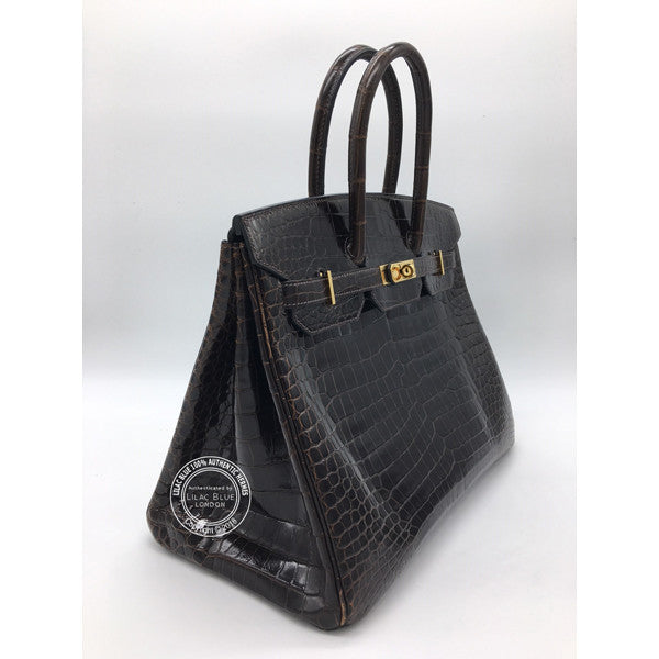 Hermès Birkin 35cm Chocolate Shiny Croc, GHW - Preloved
