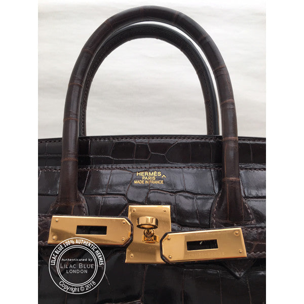 Hermès Birkin 35cm Chocolate Shiny Croc, GHW - Preloved