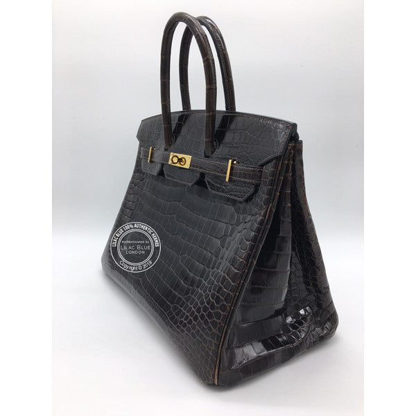 Hermès Birkin 35cm Chocolate Shiny Croc, GHW - Preloved