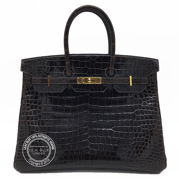 Hermès Birkin 35cm Chocolate Shiny Croc, GHW - Preloved