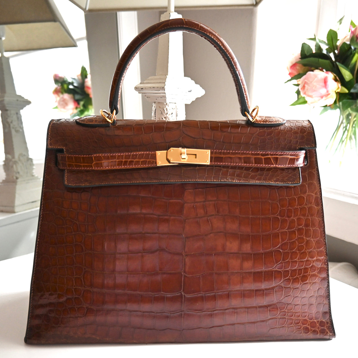 Hermes Kelly 35cm Miel Shiny Croc GHW - Vintage