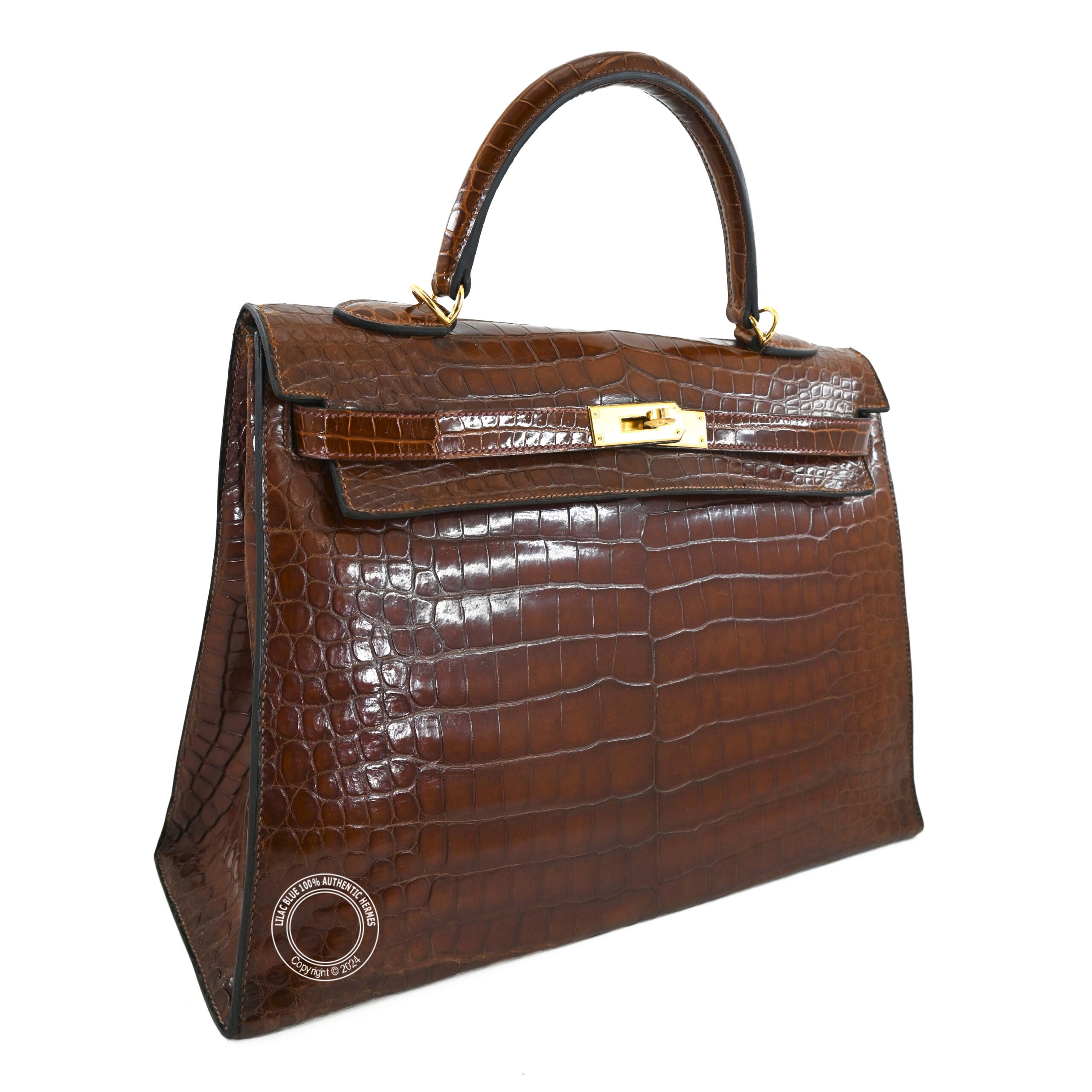 Hermes Kelly 35cm Miel Shiny Croc GHW - Vintage