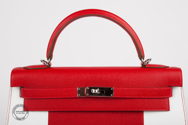 Hermès Kelly 32cm Rouge Casaque & White Flag Epsom PHW