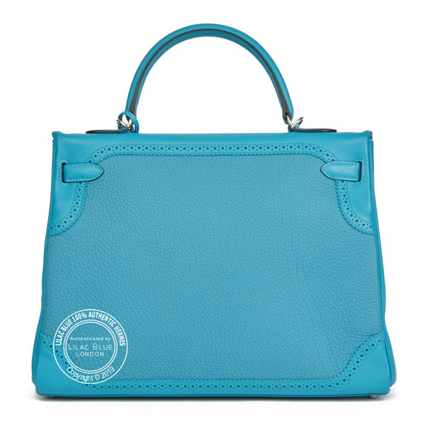 Hermès Kelly 35cm Turquoise Ghillies Togo/Swift PHW - Preloved