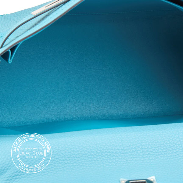 Hermès Kelly 35cm Turquoise Ghillies Togo/Swift PHW - Preloved