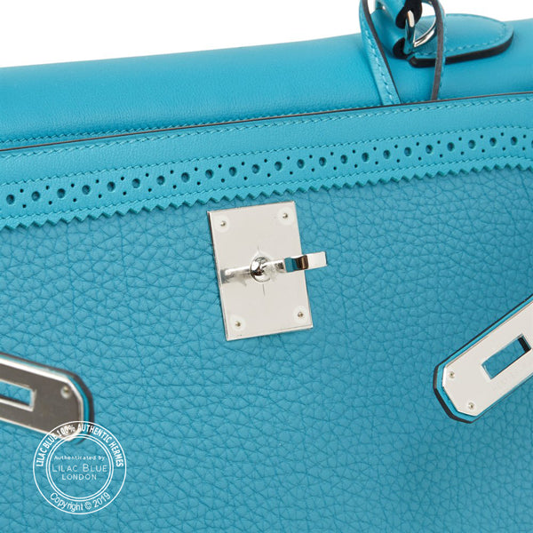 Hermès Kelly 35cm Turquoise Ghillies Togo/Swift PHW - Preloved