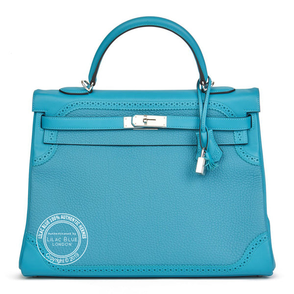 Hermès Kelly 35cm Turquoise Ghillies Togo/Swift PHW - Preloved