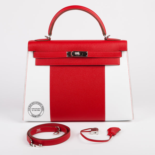 Hermès Kelly 32cm Rouge Casaque & White Flag Epsom PHW