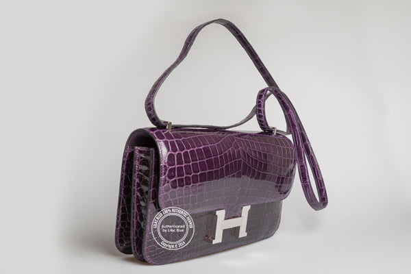 Hermès Constance Elan 25cm Amethyst Shiny Croc PHW