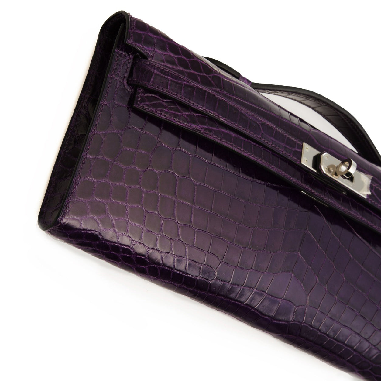 Hermès Kelly 31cm Amethyst Cut Pochette Shiny Croc PHW - Preloved