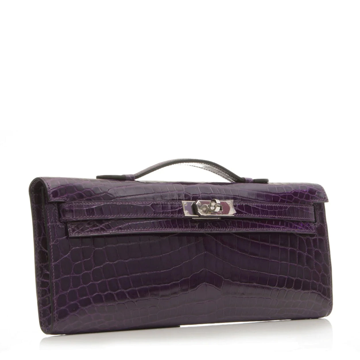 Hermès Kelly 31cm Amethyst Cut Pochette Shiny Croc PHW - Preloved