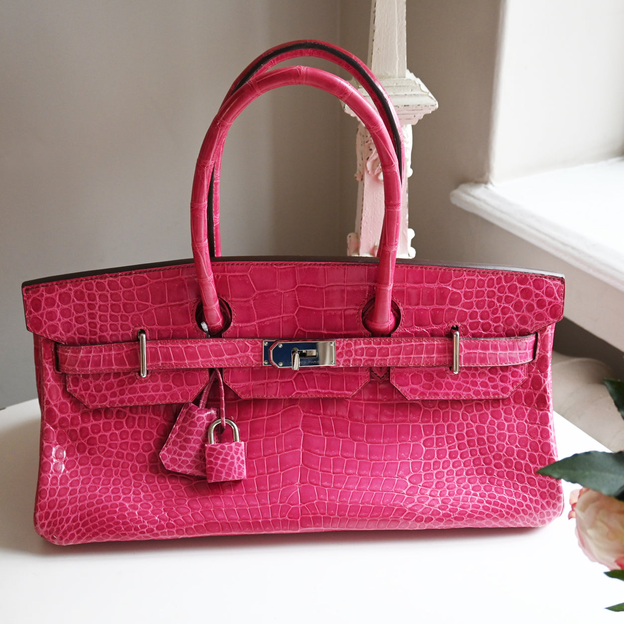 Hermès Birkin 42cm Fuchsia JPG Shoulder Shiny Croc PHW - Preloved