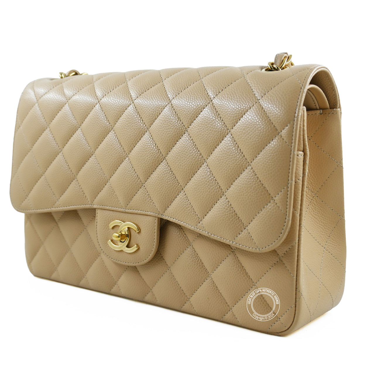 Chanel Double Flap Jumbo Beige Caviar GHW - Preloved