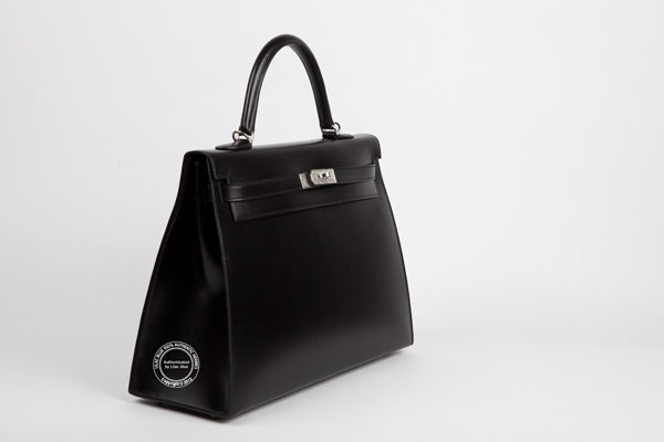 Hermès Kelly 35cm Black Tadelakt PHW Guilloche