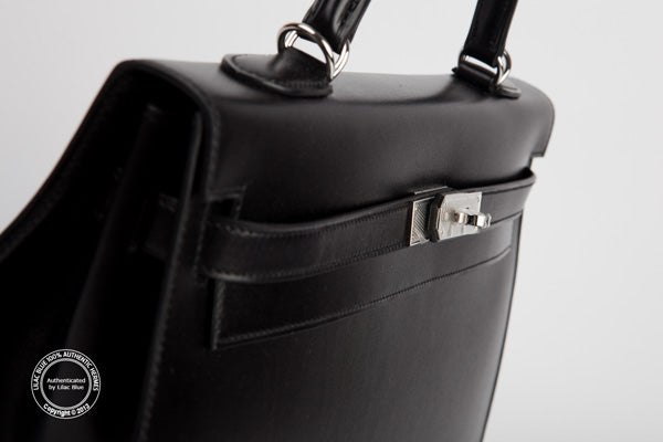 Hermès Kelly 35cm Black Tadelakt PHW Guilloche