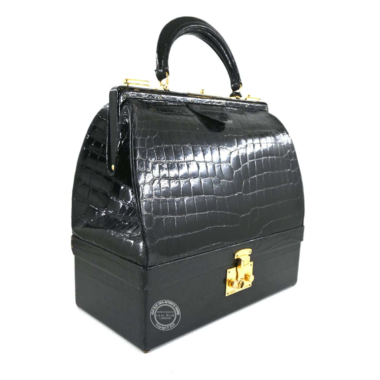 Hermès Sac Mallette 27cm Black Shiny Croc GHW - Vintage