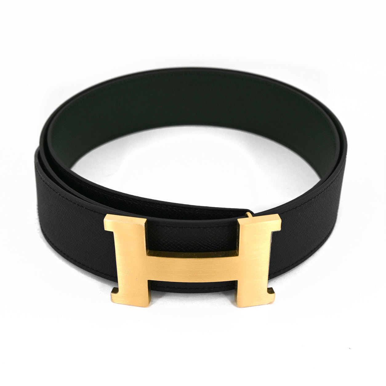 Hermès H Belt in Black & Vert Anglais. Epsom, Gold